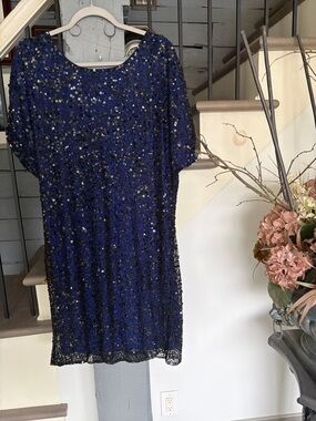 JS Collections Navy Sequin Short Sleeve Cocktail Dress